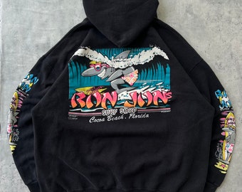 Vintage 80s Ron Jon Hoodie (XXL) Black shark print pullover sweatshirt 1989 Surf Shop Cocoa beach Florida made in USA