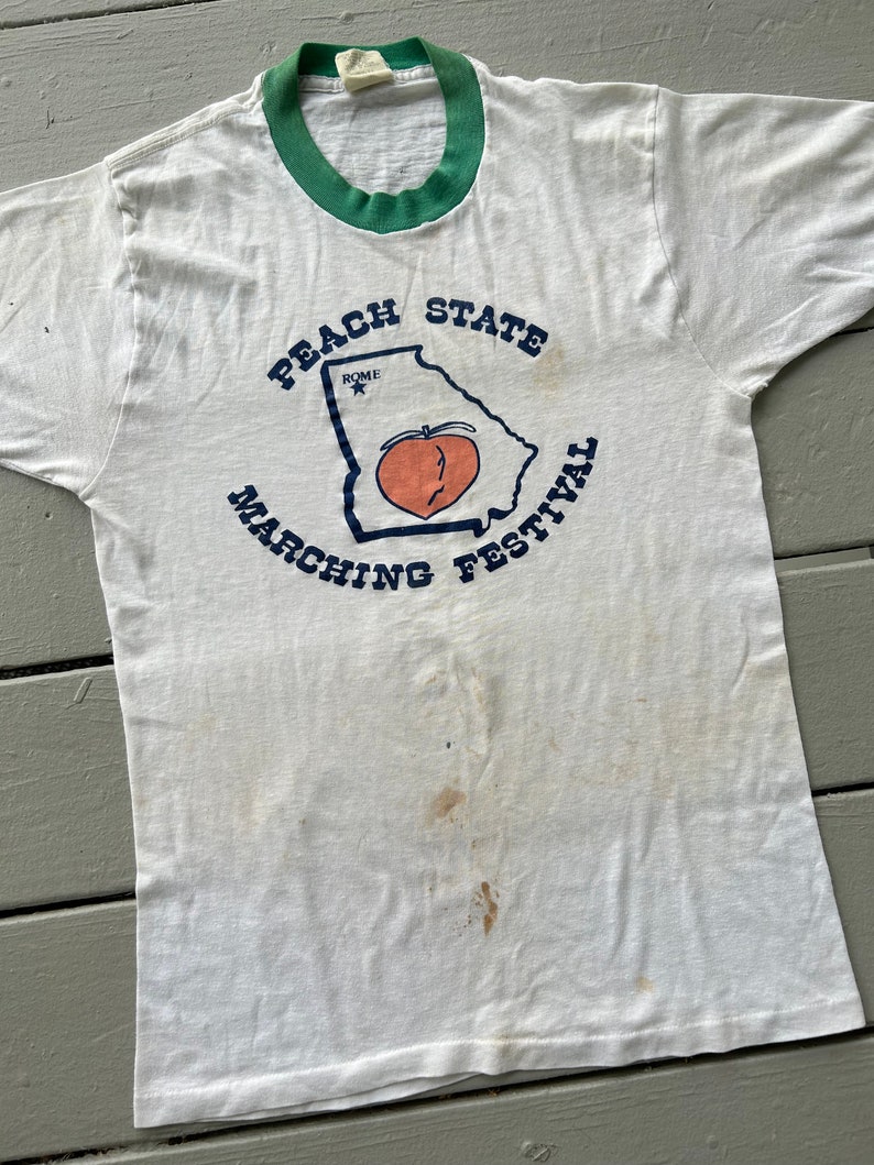 Vintage 70s Georgia Peach State Marching Festival t shirt M made in USA ringer graphic tee papa we thin distressed image 4