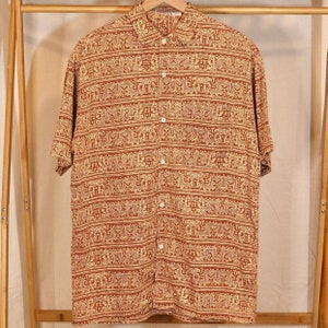 Vintage 70s Rayon Cotton Tribal print button up shirt (M) Patterned Juliano