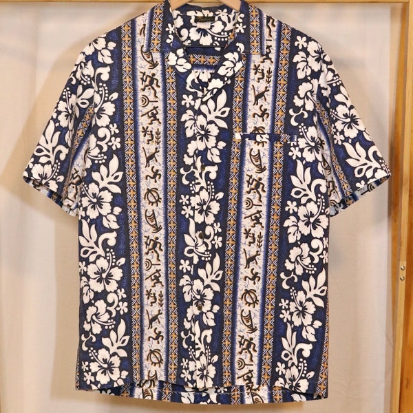 Vintage 80er Jahre Hawaii Hemd (M) Camp Kragen floral navy all over print königliche Kreationen made in Hawaii USA