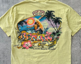 Vintage 80s Ron Jon Surf Shop T Shirt (M) Yellow Cocoa Beach Florida Surfer Graphic tee made in USA