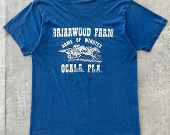 Vintage 70s Faded Graphic tee (L) blue T Shirt Briarwood Farm Windtex Ocala Florida fruit of the loom made in USA