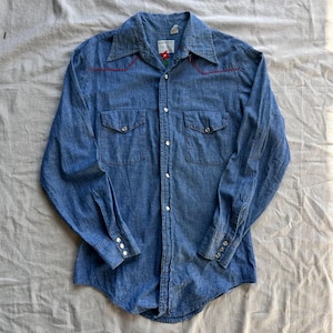 Vintage 1960s Big Mac JCPenney Chambray (S) 100% Cotton Selvedge Denim Pearl Snap Embroidered Made in USA