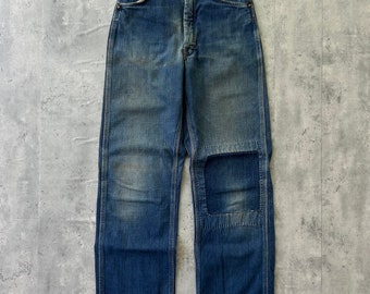 Vintage 1950s Patchwork Jeans (26x27.5) dark faded denim farm work repaired womens made in USA