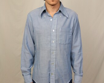 Vintage 70s JCPenney Towncraft chambray style button up shirt (M) light blue Union made USA collared Oxford cloth