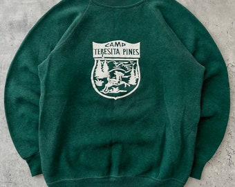 Vintage 60s Camp Teresita Pines Sweatshirt (S) Green Gussets Raglan Crewneck Made in USA