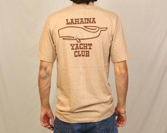Vintage 70s Lahaina Yacht Club T Shirt (M) Tan Brown whale graphic pocket tee made in USA Hi Cru Tag