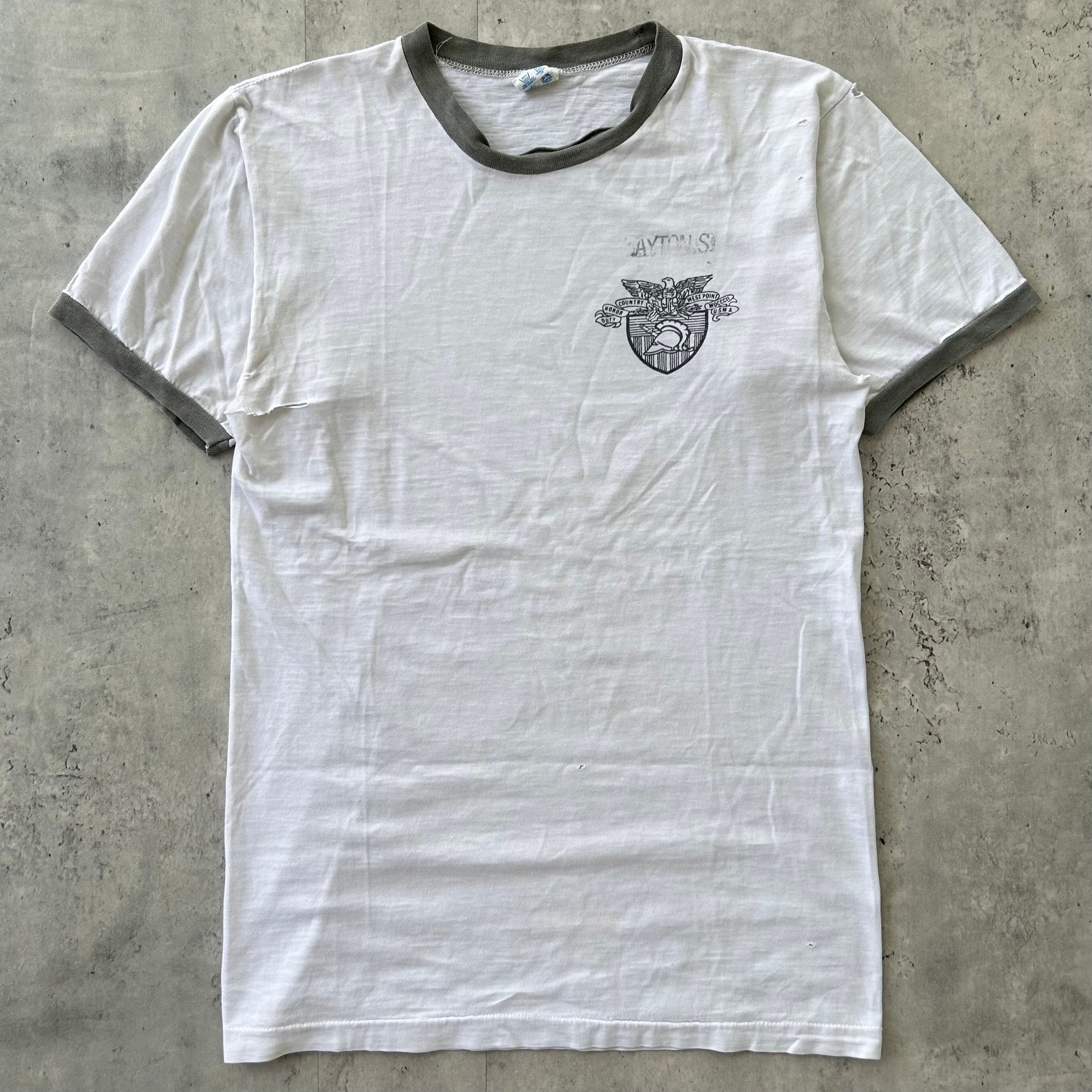Vintage 80s Champion West Point USMA T Shirt (M) White Gray Ringer 