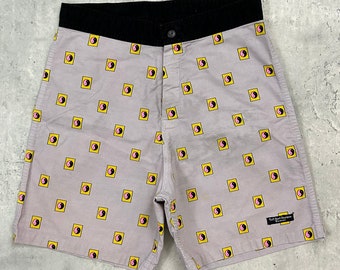 Vintage 80s T&C Surf Designs Hawaii Boardshorts (28) Grey Pink Black Yellow Cotton Town and country made in Hong Kong
