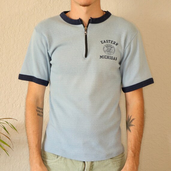 70's Champion？ FOOTBALL T-SHIRT Vintage 70s Champion Quarter Zip T Shirt (S) Light Blue