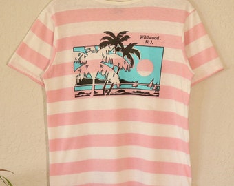 Vintage 80s Striped beach t shirt (L) White Pink Blue graphic tee sun triangle made in USA