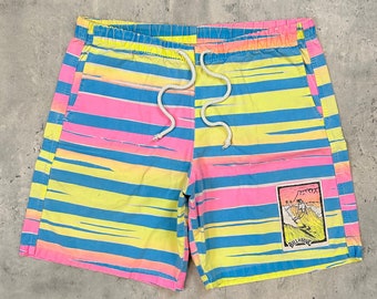 Vintage 80s Billabong Surf Boardshorts (28) yellow blue pink all over print cotton shorts