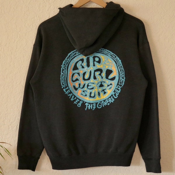 Vintage 80s Rip Curl Surf hoodie (S) faded black colorful blue logo pullover made in USA