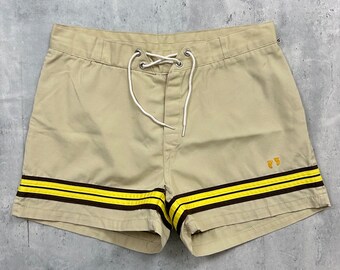 Vintage 70s Hang Ten Boardshorts (30) Tan brown yellow surf swim trunks cotton made in USA