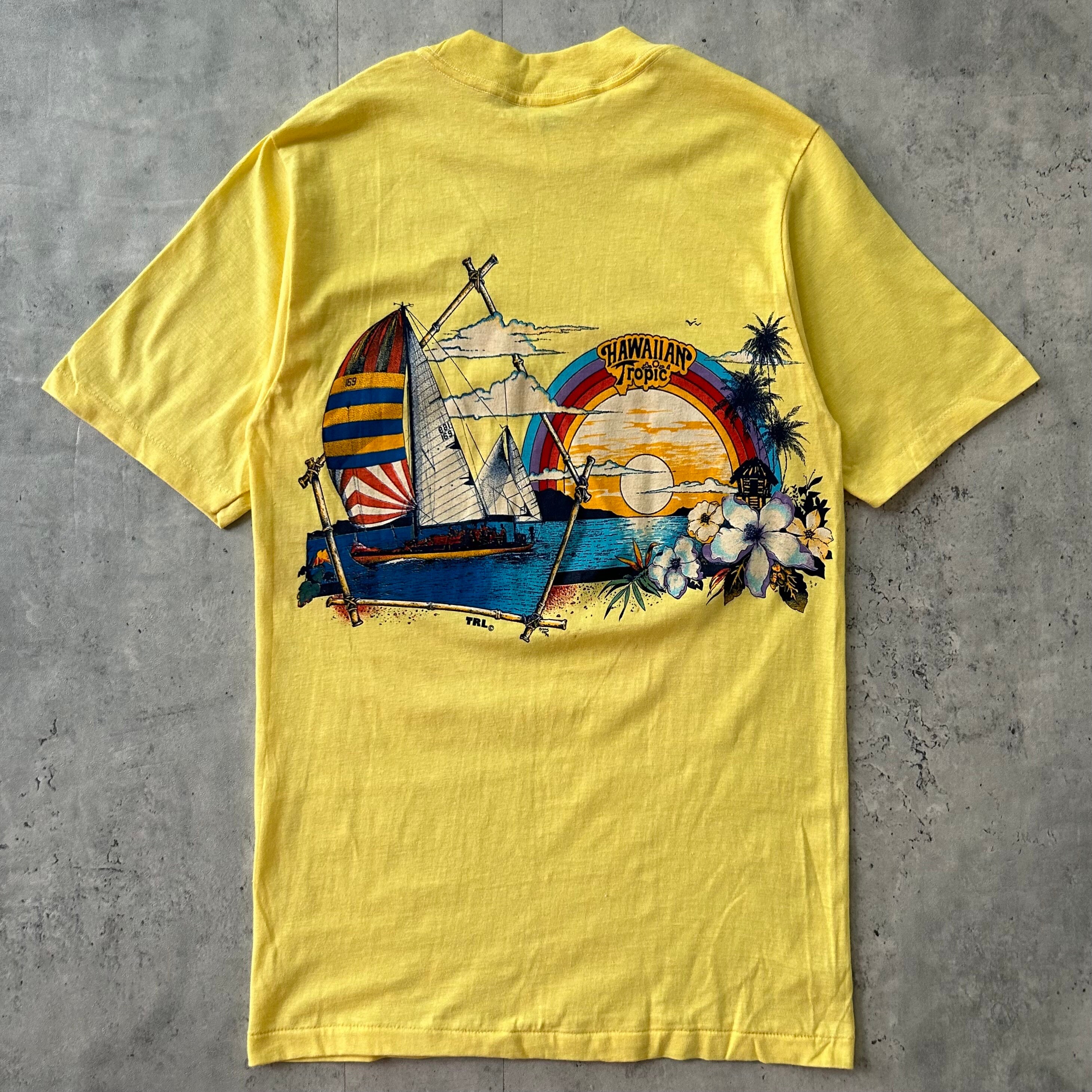Vintage 70s Hawaiian Tropic T Shirt (M) Yellow Sailboat Floral 