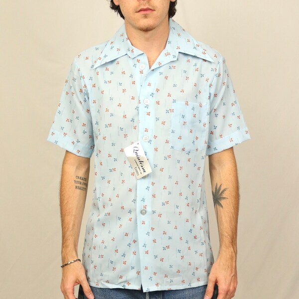 Vintage 70s Floral Button Up Shirt (S) Light blue leaves print all over studio one by campus 100% polyester Brand New DS