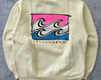 Vintage 90s Billabong surf Sweatshirt (M) Light Yellow Crewneck has pockets Rare China Wave Graphic