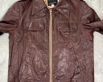 Vintage 70s Jcpenney Leather Jacket (40) Brown Red Zip Up - Etsy