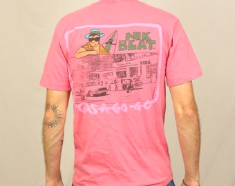 Vintage 80s Hobie Surf T Shirt (S) Nik Beat Pink Gas-a-go-go graphic tee made in USA 1987