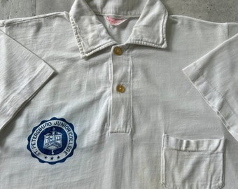Vintage 60s Champion Polo Shirt (L) Collared button up white blue St. Petersburg Junior College 100% cotton made in USA