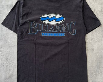 Vintage 90s Billabong Surf T Shirt (L) Black Blue Spellout graphic tee made in USA