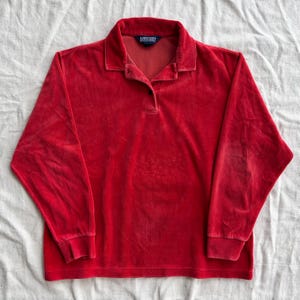Vintage Lands End Velour Polo Shirt (L) Red velvet long sleeve collared button up made in USA