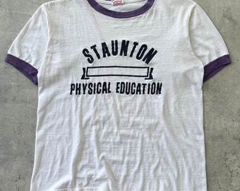 Vintage 60s Hanes Sport T Shirt (M) White Faded Navy Staunton Physical Education Graphic Ringer tee Phys Ed Made in USA