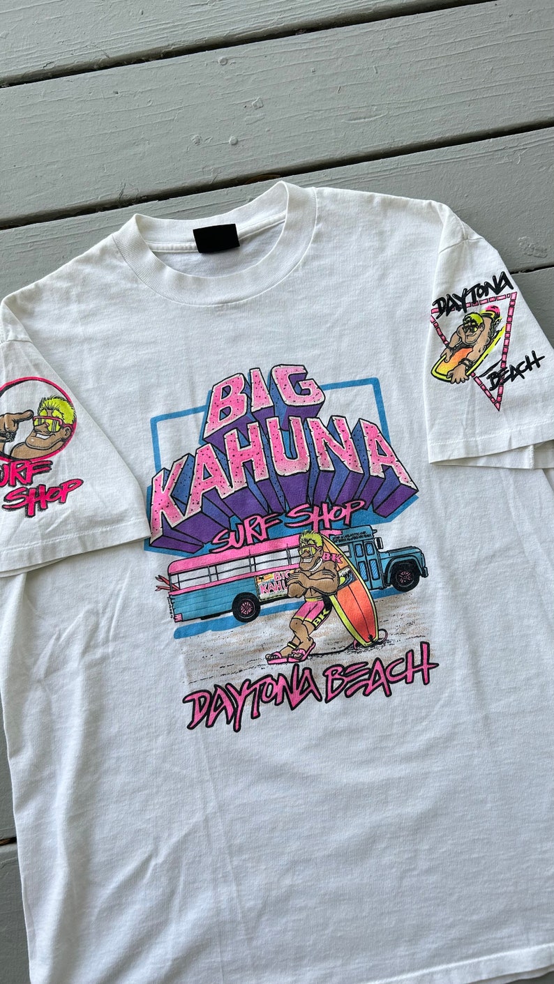 Vintage 80s Big Kahuna Surf Shop T Shirt XL White double sided graphic tee made in USA image 4