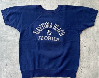 Vintage 60s Daytona Beach Florida Sweatshirt (L) Navy Graphic sweat short sleeve crewneck made in USA