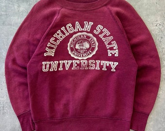 Vintage 60s Champion Running Man Sweatshirt (M) Michigan State University Lightly Faded Maroon Raglan Crewneck Made in USA