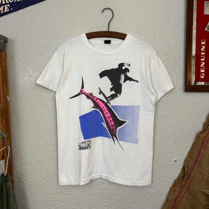 Vintage 80s Jimmy’Z Christian Hosoi t shirt (S) White blue pink skateboarding marlin graphic tee made in USA