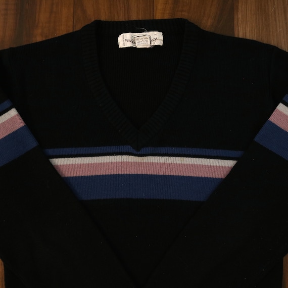 Vintage 90s V-Neck Striped Acrylic Sweater Pebble… - image 2