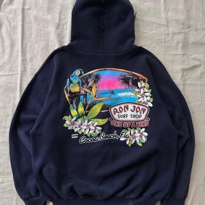 Vintage 90s Ron Jon Surf Shop Hoodie (XL) Navy Zip up Made
