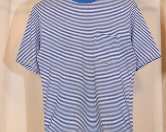 Vintage 70s Striped Pocket T Shirt (M) blue white micro stripes career club permanent press made in USA