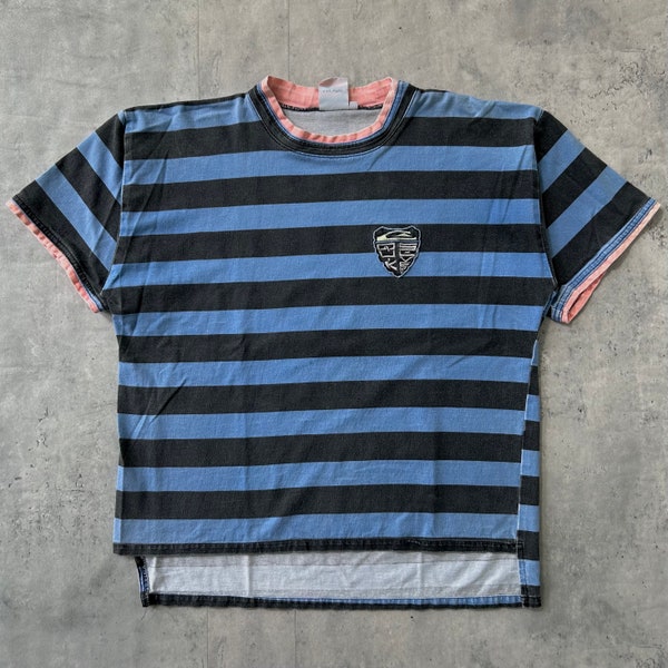 Vintage 80s Striped Quiksilver T Shirt (M) Surf Black light blue pink made in USA 100% cotton