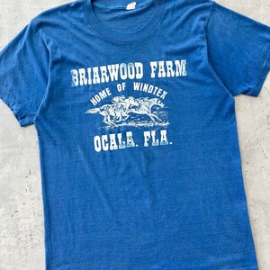 Vintage 70s Faded Graphic tee L blue T Shirt Briarwood Farm Windtex Ocala Florida fruit of the loom made in USA image 2