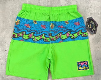 Vintage 80s Billabong Surf Boardshorts (28) Green Blue Animal Tribong Print shorts Boys made in USA