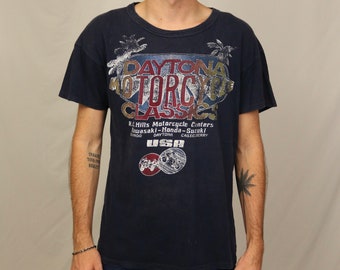 Vintage 70s Daytona 200 Motorcycle classics t shirt (M) Navy graphic tee made in USA 100% cotton