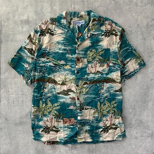 Vintage Y2K Utility Hawaiian rayon loop collar button up shirt (M) light blue tropical print