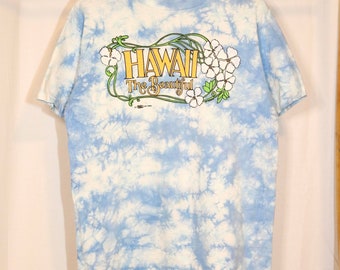 Vintage 70s Hawaii tie dye t shirt (XL) 1974 light blue white floral the beautiful crazy shirts Hawaiian made in USA
