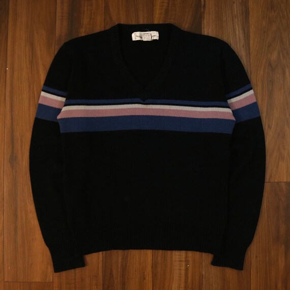 Vintage 90s V-Neck Striped Acrylic Sweater Pebble… - image 1