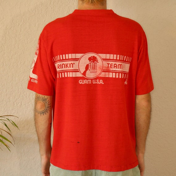 Vintage 70s Guam Drinking Team T Shirt (M) poly t… - image 4