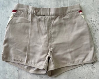 Vintage 70s Catalina Tennis Shorts (waist fits 35-37”) Tan White Red Terry cloth Made in USA