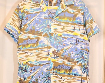 Vintage 70s Barbados loop collar button up shirt (L) Hawaiian style light blue beach all over print Calypso