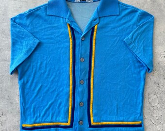 Vintage 70s Blue button up shirt (M) Camp collar cropped fit mid century mod style Carleton California