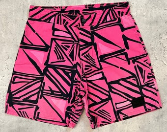 Vintage 80s T&C Surf designs Hawaii Boardshorts (28) Pink Black all over print cotton shorts made in USA