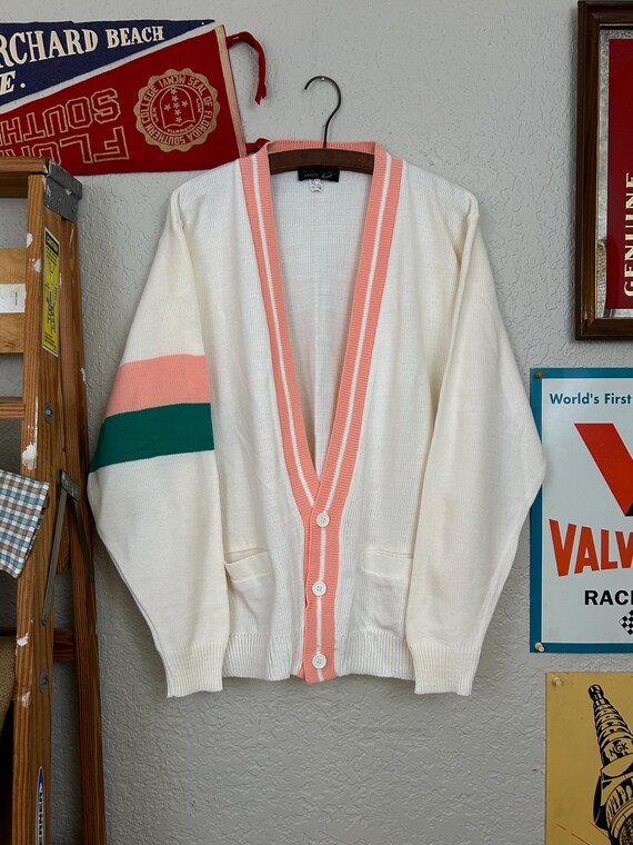Vintage 80s 100% Orlon Acrylic Cardigan Sweater (XL) White