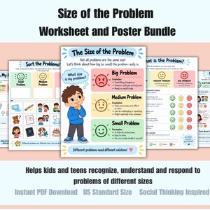 May include: A Size of the Problem worksheet and poster bundle featuring educational materials for children. The pages include colorful charts, illustrations of a person, and text such as The Size of the Problem, Sort the Problems, and What is the Problem.