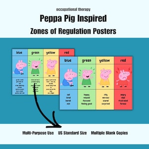 May include: Two rectangular posters titled Peppa Pig Inspired Zones of Regulation Posters. Each poster features four vertical colour-coded columns: blue, green, yellow, and red, each with a Peppa Pig character illustration and descriptive text.