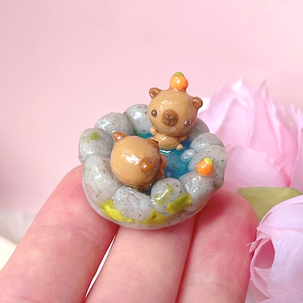 Mini Capybaras in onsen tub Desk friend Figurine Desktop Decor | cute animal figurine gift | Handmade ornament | mini capybara item